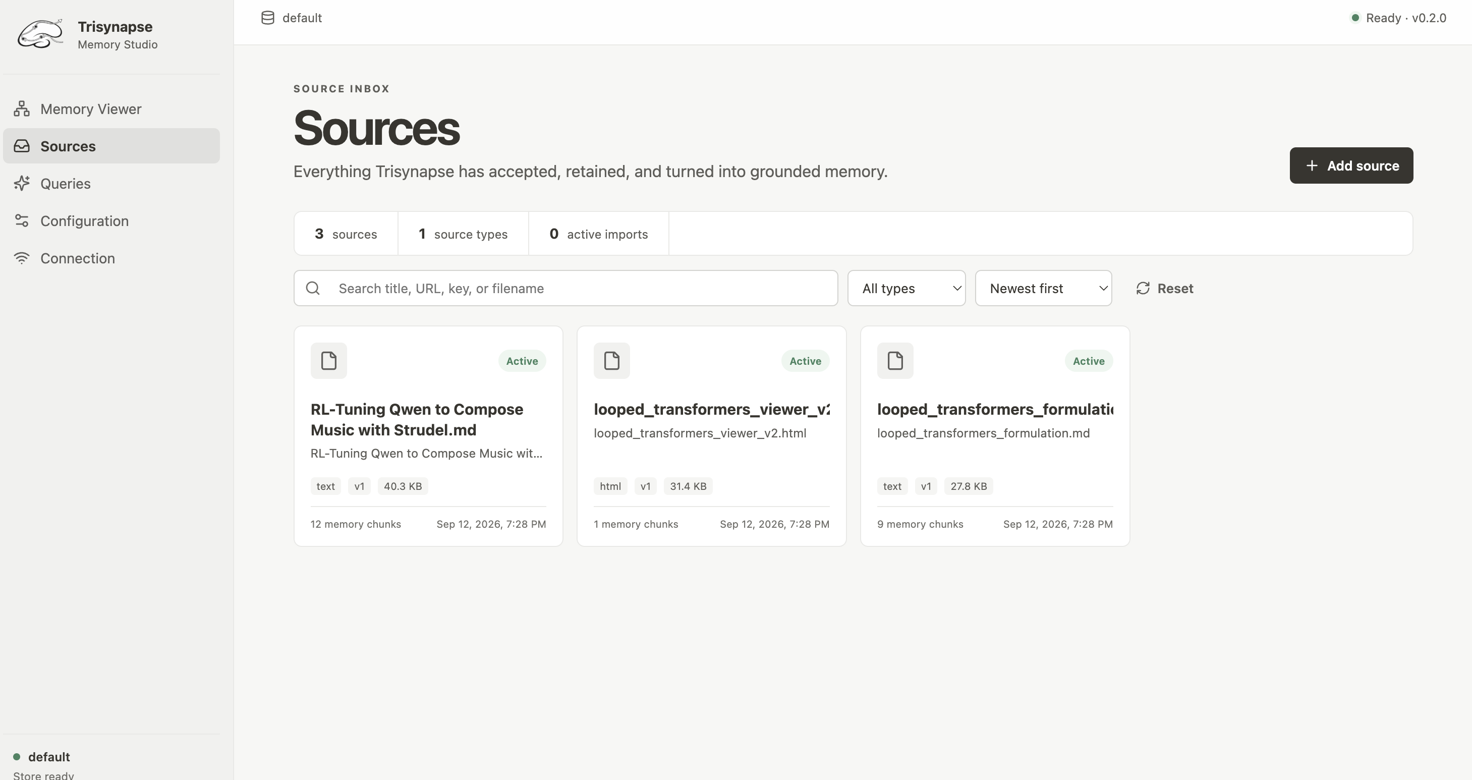Sources tab in Memory Studio
